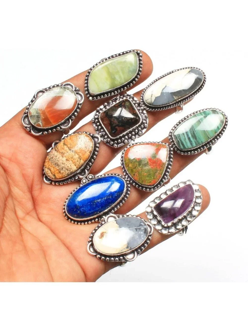 Chunky Silver Stackable Rings Set for Women - 10 Pcs Vintage Gemstone Knuckle